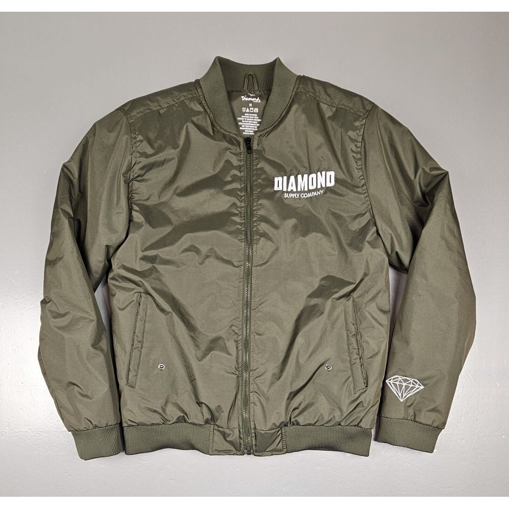 Diamond Supply Co. Bomber Jacket Mens Medium Green Full Zip Orange‎ Lining.